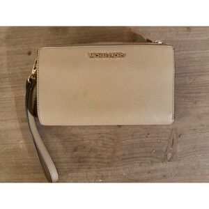 Michael Kors Adele Double Zip Wristlet Beige Saffiano Leather Wallet Clutch